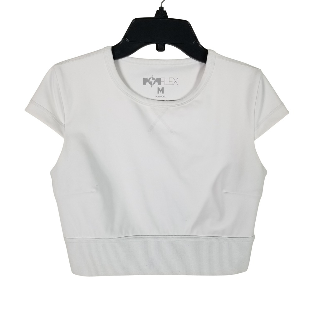 POPFLEX Crop Top Women Medium White Activewear Short Sleeve Ribbed Hem